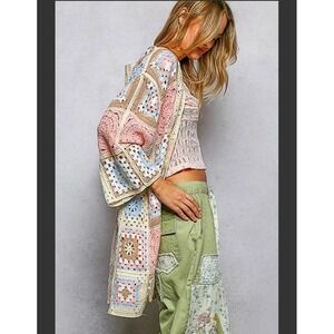 POL New Long Sleeve Granny Square Crochet Open Cardigan Pink One Size